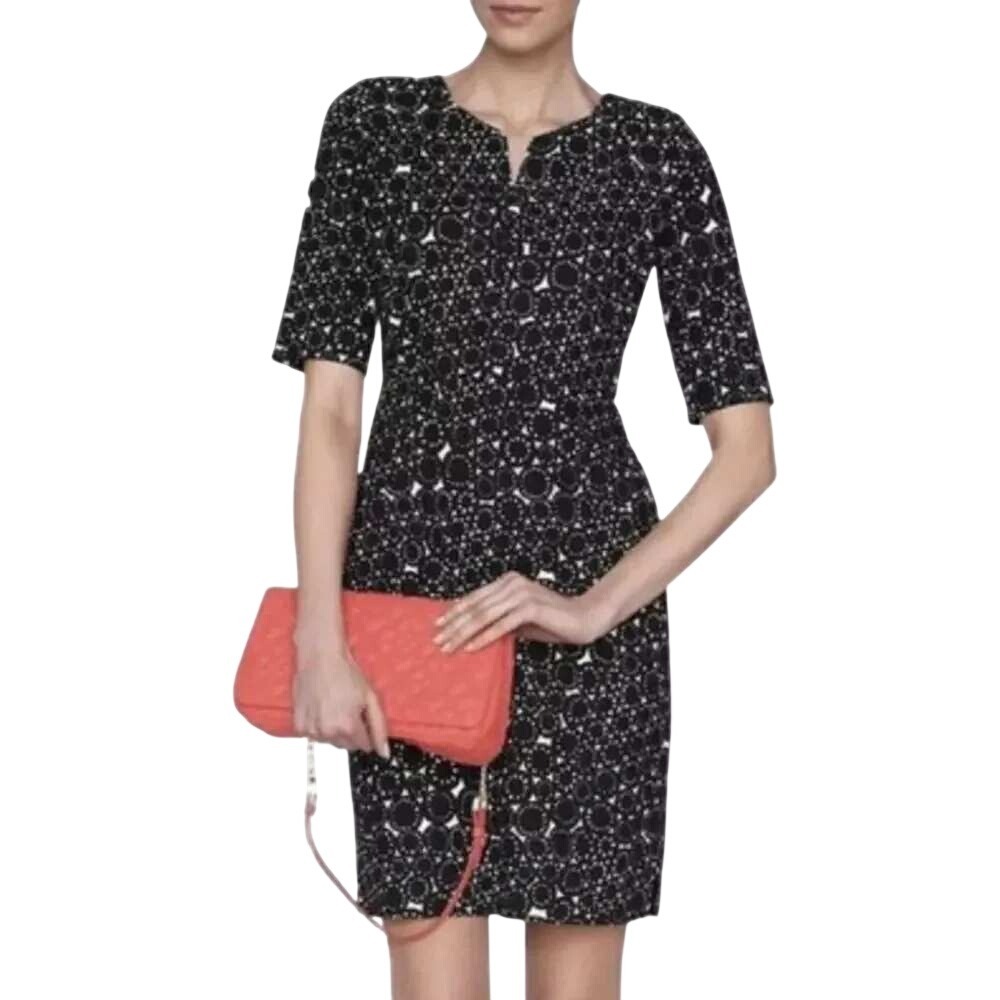 L.K. Bennett Black Chene Cog Print Cotton Blend Short Sleeve Dress 10 Office